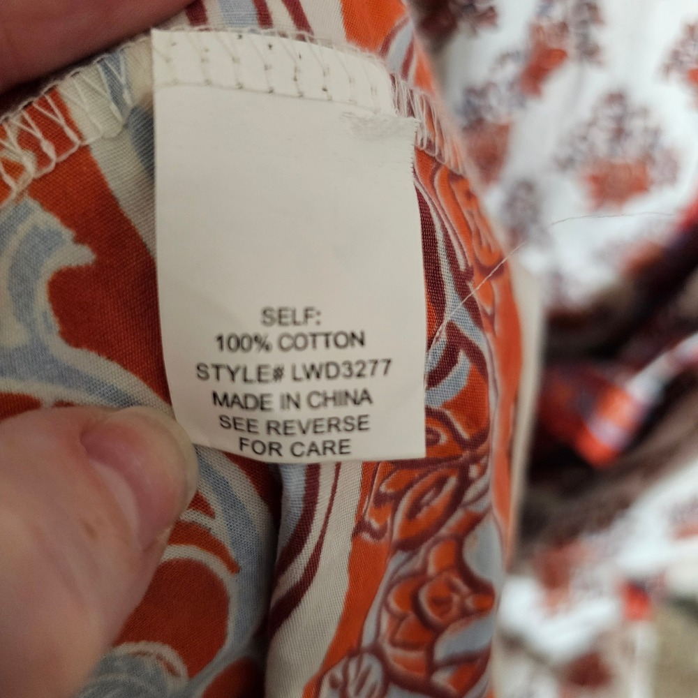 Love Wednesday Savanna BlockPrint Midi Dress Orange Ivory Blue Medium cotton - Picture 11 of 13